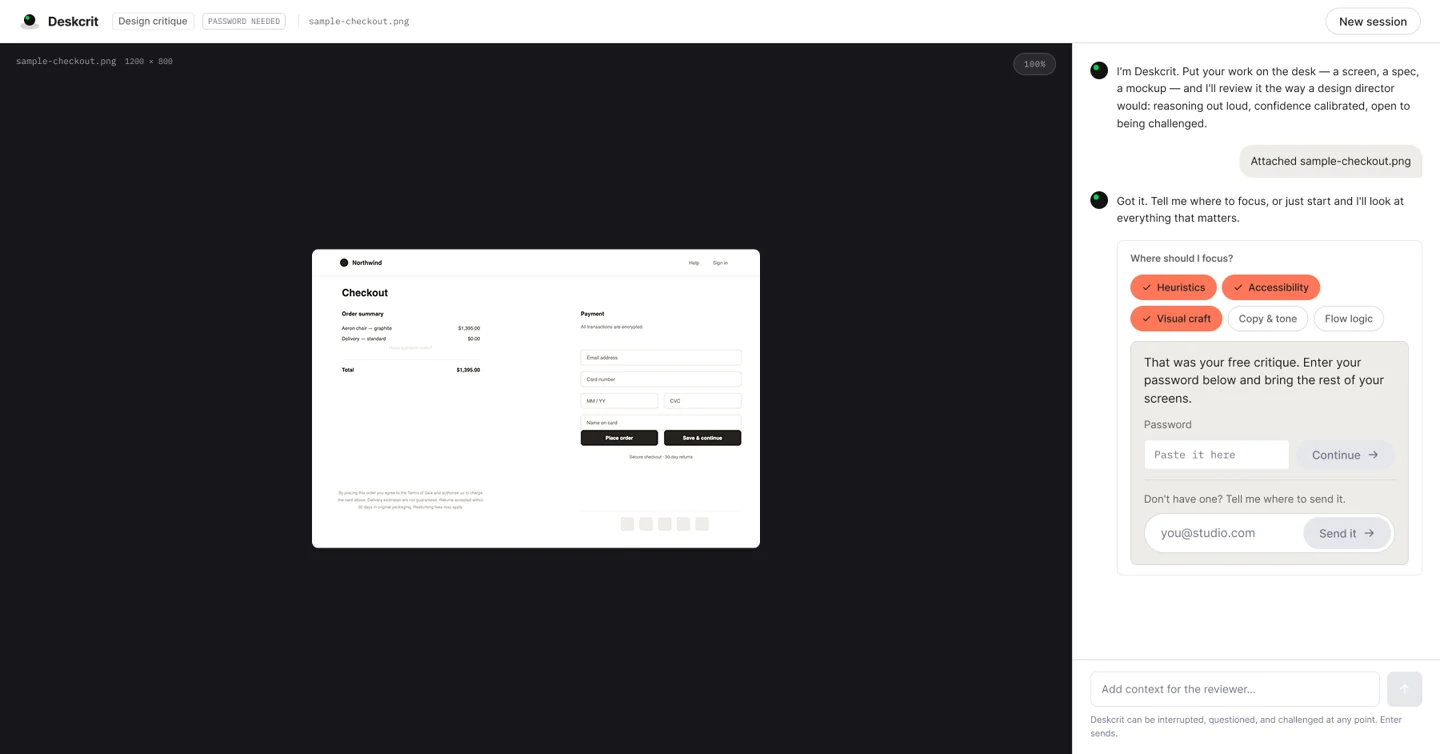A live Deskcrit session: a sample checkout screen on the canvas, focus chips for heuristics, accessibility and visual craft selected, and the password prompt that follows the free critique