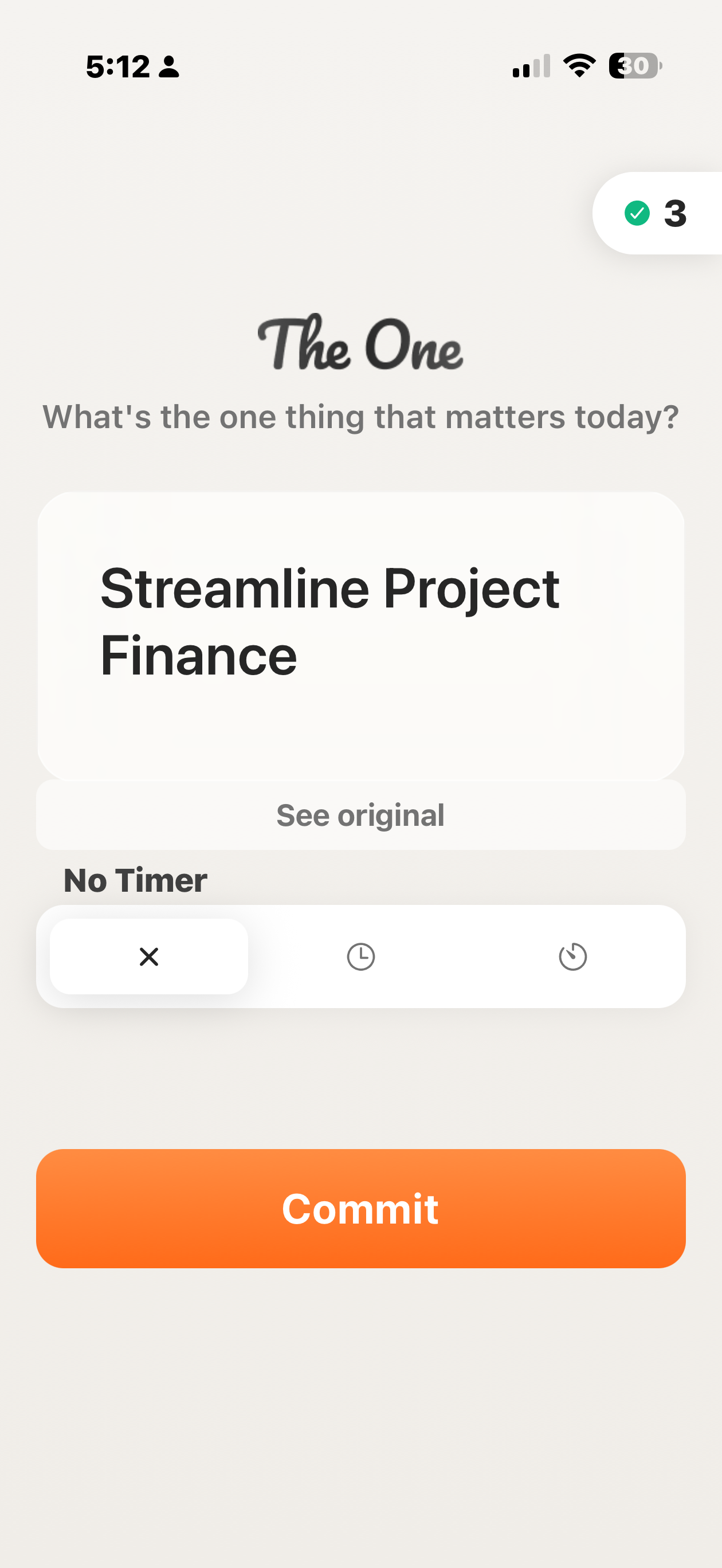 The One: Commit Screen